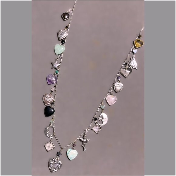 🆕 Handmade Sterling Silver Charm NecklaceGemstone Hearts & MoonsNWT